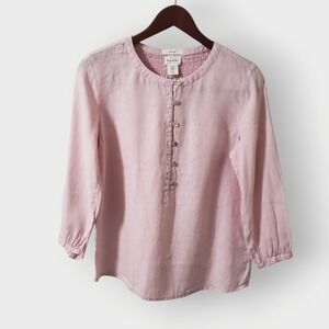 Nicole Miller New York Pink 100% Linen Henley Blouse Smocked Back XS
